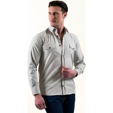 Exve Exclusive Bej Krem Geçişli Doğal Keten Slim Fit Western Gömlek