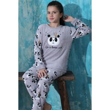 Pijama Evi Gri Life Panda Desenli Kız Çocuk Peluş Pijama Takımı