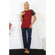 Ürün Cenneti Moda Çizgi Kadın Kolu Dantelli Penye Pijama Takım 4149