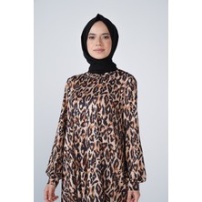 Leopar Desen Mikro Kumaş Uzun Vera Elbise Siyah