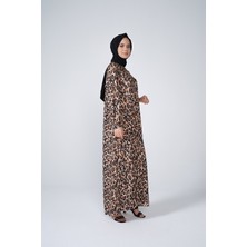 Leopar Desen Mikro Kumaş Uzun Vera Elbise Siyah