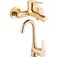 Kca Armatür Kca Gold Altın Banyo ve Lavabo Musluğu Çeşmesi Bataryası Çift Su Girişli