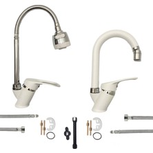 Kca Armatür Kca Beyaz 2 Fonksiyonlu Mutfak Oynar Başlıklı Banyo Lavabo Bataryası Musluğu 2'li Set