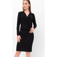 Laranor Simli Buzi Kumaş Kruvaze Elbise 48 - Simli Siyah