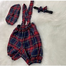 Eylülce Butik Ekoseli Çocuk Askılı Şort Salopet & Ressam Şapkası & Papyon Takım - Pasta Patlatma Kostümü