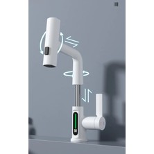 OEM Mutfak Eviye Banyo Lavaboi Bataryası Dijital LED Şelale Spiralli Asansörlü 4 Fonksiyonlu Beyaz