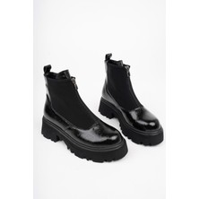 Marshetta Shoes Isabel Model Siyah Kırık Rugan Kalın Tabanlı Önden Fermuarlı Kadın Bot