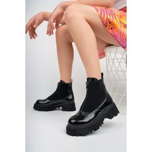 Marshetta Shoes Isabel Model Siyah Kırık Rugan Kalın Tabanlı Önden Fermuarlı Kadın Bot