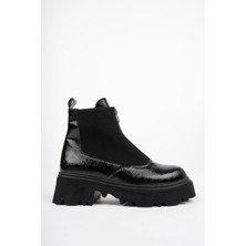 Marshetta Shoes Isabel Model Siyah Kırık Rugan Kalın Tabanlı Önden Fermuarlı Kadın Bot