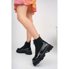Marshetta Shoes Isabel Model Siyah Kırık Rugan Kalın Tabanlı Önden Fermuarlı Kadın Bot