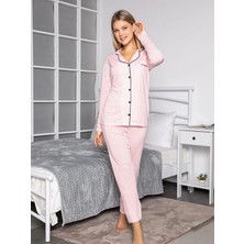 Dyoy Kadın Pembe Renkli Pamuklu Likralı Düğmeli Çizgili Biyeli Pijama Takımı