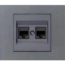 Ovivo Grano Metalik Cat6 RJ45 Çift Jaklı Data Prizi Füme + Füme Çerçeve