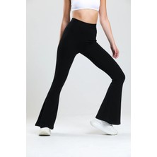 Dream Style Kadın Siyah Ispanyol Paça Çelik Örme Pantolon Yüksek Bel Lastikli Likralı Toparlayıcı Tayt