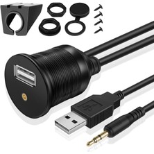 Boblov USB 2.0 - 3.5mm Aux Uzatma Kablo ve Montaj Aparatı USB Aux Panel Tipi Montajlanabilir Vidalı Tip Araba Motosiklet Tekne