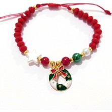 Funny Takı Renkli Inci Boncuklu Kırmızı Kristal Boncuklu Yıldızlı Yılbaşı Bileklik