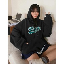 Basilio Siyah Kadın Sweatshirt Nice Baskılı Kapüşonu Rahat Giyim Oversize Sweatshirt