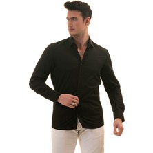 Exve Exclusive Siyah Sade Düz Pamuk Slim Fit Erkek Gömlek