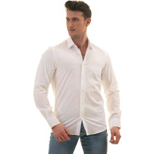 Exve Exclusive Beyaz Sade Düz Pamuk Slim Fit Erkek Gömlek