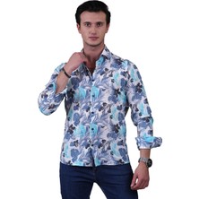 Exve Exclusive Beyaz Üzerine Lacivert Turkuaz Hawaii Yaprak Baskılı Pamuk Keten Slim Fit Erkek Gömlek
