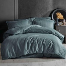 Clasy Çizgili Saten Nevresim Takımı Ç.k Düz Renk  Indıgo Grı