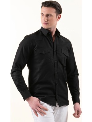 Exve Exclusive Siyah Keten Slim Fit Western Gömlek