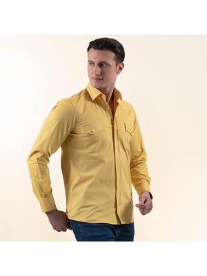 Exve Exclusive Güneş Sarısı Pamuk Likra Outdoor Çift Cep Kapaklı Slim Fit Western Gömlek