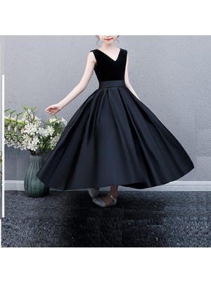 NSM Life Kız Çocuk V Yaka Siyah Üst Kadife Alt Saten Doğum Günü Noel Mezuniyet Elbise