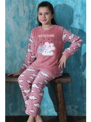 Pijama Evi Pembe Moon Cloud Desenli Kız Çocuk Peluş Pijama Takımı