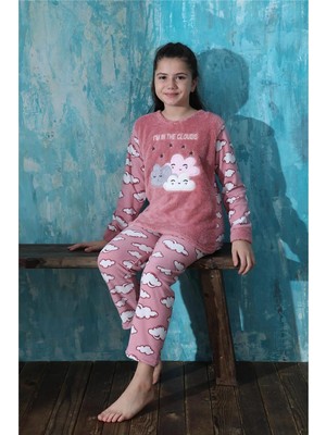 Pijama Evi Pembe Moon Cloud Desenli Kız Çocuk Peluş Pijama Takımı