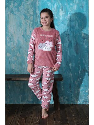 Pijama Evi Pembe Moon Cloud Desenli Kız Çocuk Peluş Pijama Takımı