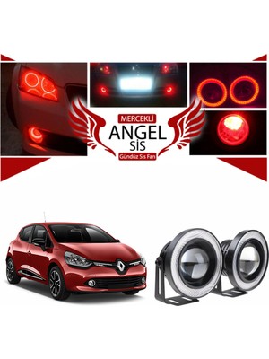 Fruens Renault Clio 4 Uyumlu, Universal Mercekli LED Angel Sis Farı, 76MM Kırmızı Renk