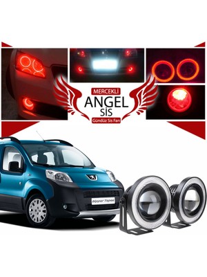 Peugeot Bipper Uyumlu, Universal Mercekli LED Angel Sis Farı, 76MM Kırmızı Renk