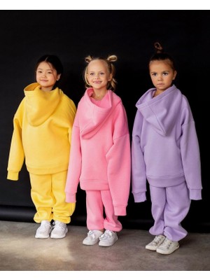 Lolli Boom Kids  Kız Çocuk Nakışlı Slogan  Alt Üst Takım Kapüşonlu 3 Iplik Şardonlu Pembe Renk