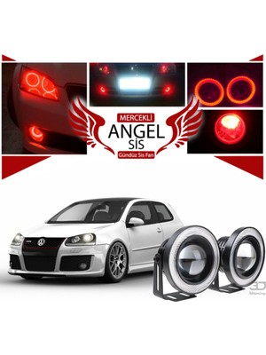 Volkswagen Golf 5 Uyumlu, Universal Mercekli LED Angel Sis Farı, 76MM Kırmızı Renk