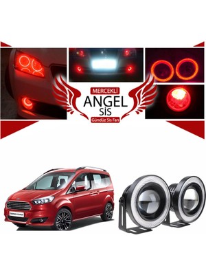 Ford Tourneo Courier Uyumlu, Universal Mercekli LED Angel Sis Farı, 76MM Kırmızı Renk