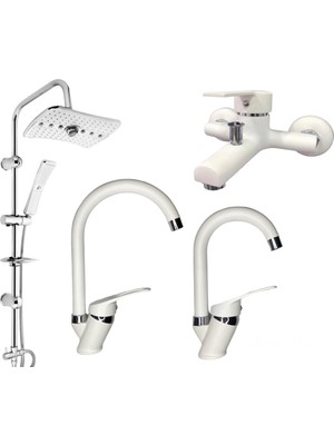 Kca Armatür Kca Beyaz Krom Robot Duş - Banyo - Lavabo - Mutfak Bataryası Musluğu Çeşmesi 4'lü Set