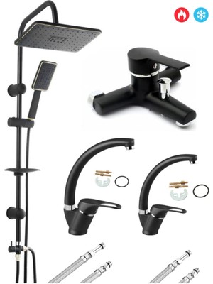 Kca Armatür Kca Siyah Robot Tepe Yağmurlama Banyo-Mutfak-Lavabo Bataryası Musluğu Çeşmesi 4' Lü Set