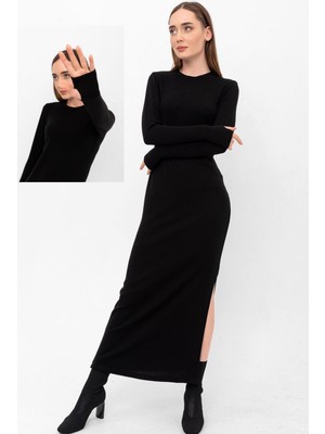 Laranor Bisiklet Yaka Kol Ucu Parmak Detaylı Yırtmaçlı Triko Elbise 48 - Siyah