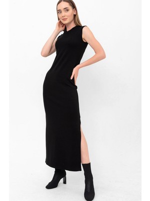 Laranor Yarım Balıkçı Yaka Yırtmaçlı Kolsuz Triko Elbise 44 - Siyah