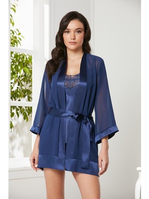 Pierre Cardin 3'lü Saten Dantelli Şort ve Şifon Dantelli Sabahlık Takımı 2475