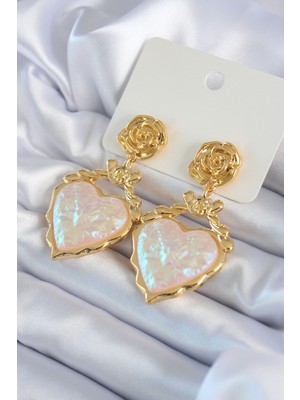 Callerrons Accessories  Gold Renk Gül Sallantı Kalp Model Pirinç Vip Kadın Küpe