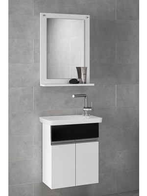 Alfa Banyo Miniço-SB Ebeveyn 45 cm x 28 cm Aynalı Lüx Lavabolu Banyo dolabı- 1. Sınıf Mdf-Beyaz Siyah