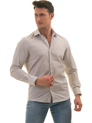 Exve Exclusive Beyaz Üzerine Lacivert Gri Çiçek Dijital Baskı Slim Fit Gömlek