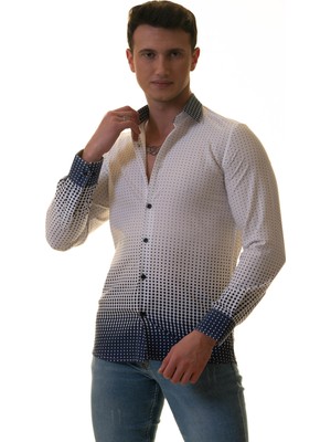 Exve Exclusive Beyaz Mavi Puantiye Desenli Özel Kesim Tasarım Slim Fit Gömlek