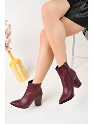Marshetta Shoes Legend Model Bordo Sivri Burun Kalın Topuklu Yandan Fermuarlı Kadın Bot