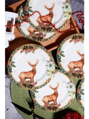 Porselen Diyarı Yılbaşı Desen Özel Tasarım 6'lı Deer Rose Dijital Baskı Pasta Tabağı 20 cm