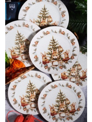 Porselen Diyarı Yılbaşı Desen Özel Tasarım 6'lı Bunny Christmas Dijital Baskı Pasta Tabağı 20 cm