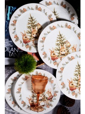 Porselen Diyarı Yılbaşı Desen Özel Tasarım 6'lı Bunny Christmas Dijital Baskı Servis Tabağı 26 cm