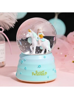 Keyfim Shop Geyikli Sevimli Kız Unicorn Büyük Boy Püskürtmeli Müzikli Işıklı Kar Küresi