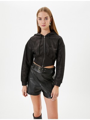 Koton Parlak Kapşonlu Fermuarlı Crop Sweatshirt Korse Detaylı